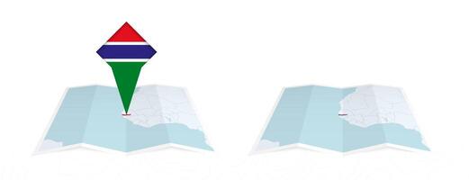 Two versions of an Gambia folded map, one with a pinned country flag and one with a flag in the map contour. Template for both print and online design. vector