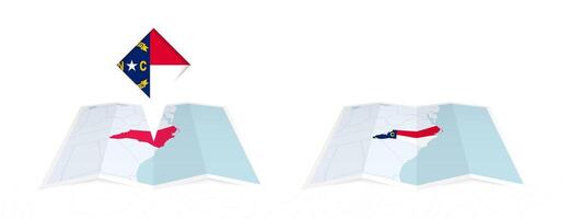 Two versions of an North Carolina folded map, one with a pinned country flag and one with a flag in the map contour. Template for both print and online design. vector