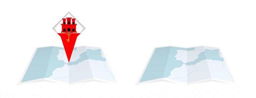 Two versions of an Gibraltar folded map, one with a pinned country flag and one with a flag in the map contour. Template for both print and online design. vector