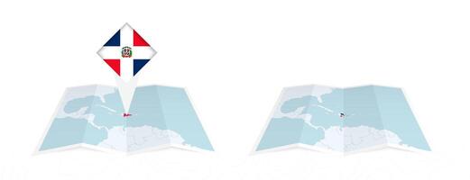 Two versions of an Dominican Republic folded map, one with a pinned country flag and one with a flag in the map contour. Template for both print and online design. vector