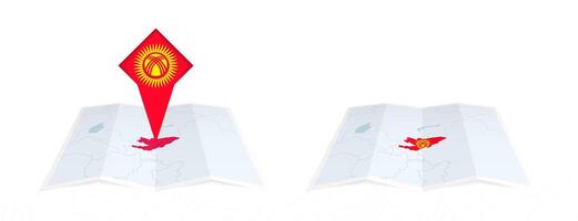 Two versions of an Kyrgyzstan folded map, one with a pinned country flag and one with a flag in the map contour. Template for both print and online design. vector
