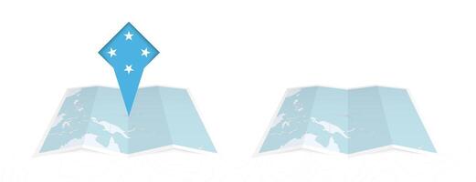 Two versions of an Micronesia folded map, one with a pinned country flag and one with a flag in the map contour. Template for both print and online design. vector