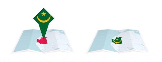 Two versions of an Mauritania folded map, one with a pinned country flag and one with a flag in the map contour. Template for both print and online design. vector