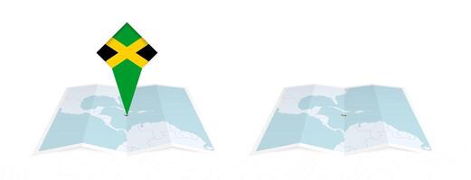 Two versions of an Jamaica folded map, one with a pinned country flag and one with a flag in the map contour. Template for both print and online design. vector