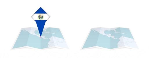 Two versions of an El Salvador folded map, one with a pinned country flag and one with a flag in the map contour. Template for both print and online design. vector