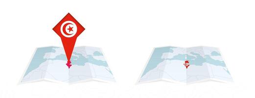 Two versions of an Tunisia folded map, one with a pinned country flag and one with a flag in the map contour. Template for both print and online design. vector