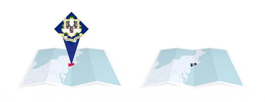 Two versions of an Connecticut folded map, one with a pinned country flag and one with a flag in the map contour. Template for both print and online design. vector