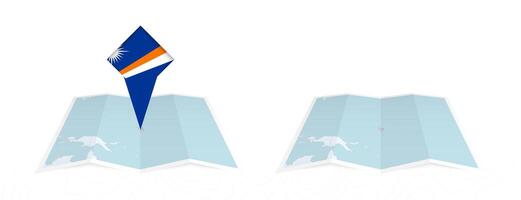 Two versions of an Marshall Islands folded map, one with a pinned country flag and one with a flag in the map contour. Template for both print and online design. vector