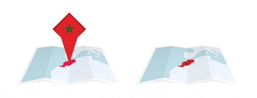 Two versions of an Morocco folded map, one with a pinned country flag and one with a flag in the map contour. Template for both print and online design. vector