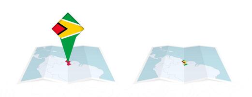 Two versions of an Guyana folded map, one with a pinned country flag and one with a flag in the map contour. Template for both print and online design. vector