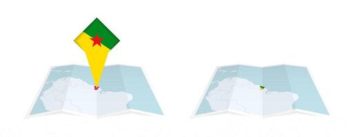 Two versions of an French Guiana folded map, one with a pinned country flag and one with a flag in the map contour. Template for both print and online design. vector