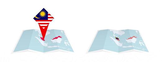 Two versions of an Malaysia folded map, one with a pinned country flag and one with a flag in the map contour. Template for both print and online design. vector