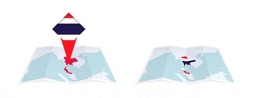 Two versions of an Thailand folded map, one with a pinned country flag and one with a flag in the map contour. Template for both print and online design. vector