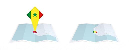 Two versions of an Senegal folded map, one with a pinned country flag and one with a flag in the map contour. Template for both print and online design. vector