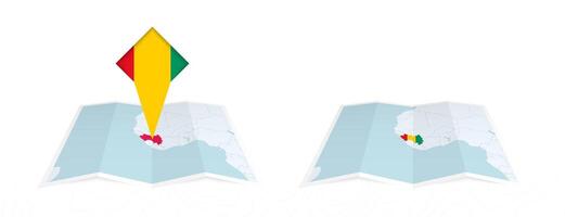 Two versions of an Guinea folded map, one with a pinned country flag and one with a flag in the map contour. Template for both print and online design. vector