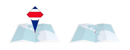 Two versions of an Costa Rica folded map, one with a pinned country flag and one with a flag in the map contour. Template for both print and online design. vector