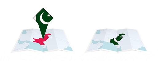 Two versions of an Pakistan folded map, one with a pinned country flag and one with a flag in the map contour. Template for both print and online design. vector