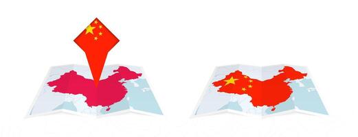 Two versions of an China folded map, one with a pinned country flag and one with a flag in the map contour. Template for both print and online design. vector