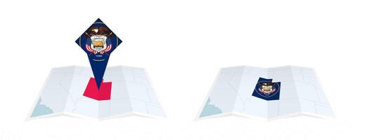 Two versions of an Utah folded map, one with a pinned country flag and one with a flag in the map contour. Template for both print and online design. vector