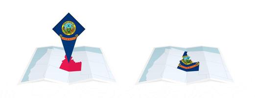 Two versions of an Idaho folded map, one with a pinned country flag and one with a flag in the map contour. Template for both print and online design. vector
