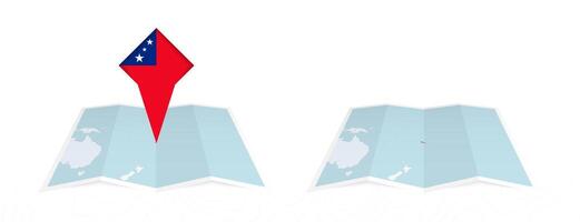 Two versions of an Samoa folded map, one with a pinned country flag and one with a flag in the map contour. Template for both print and online design. vector