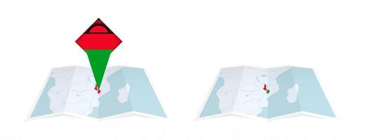 Two versions of an Malawi folded map, one with a pinned country flag and one with a flag in the map contour. Template for both print and online design. vector