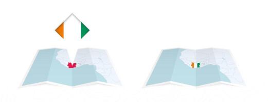 Two versions of an Ivory Coast folded map, one with a pinned country flag and one with a flag in the map contour. Template for both print and online design. vector
