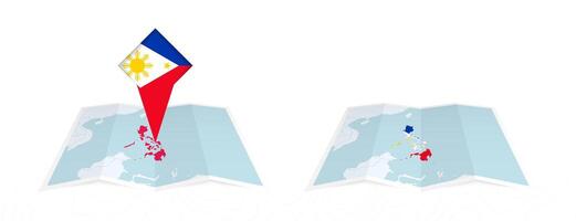 Two versions of an Philippines folded map, one with a pinned country flag and one with a flag in the map contour. Template for both print and online design. vector
