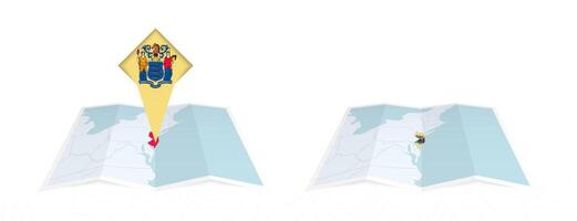 Two versions of an New Jersey folded map, one with a pinned country flag and one with a flag in the map contour. Template for both print and online design. vector