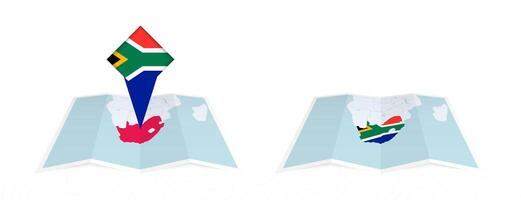Two versions of an South Africa folded map, one with a pinned country flag and one with a flag in the map contour. Template for both print and online design. vector