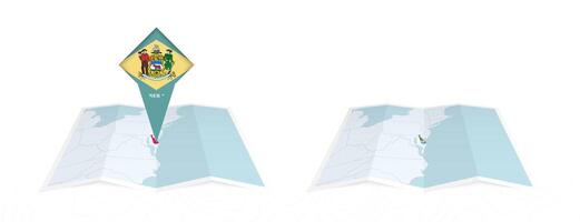Two versions of an Delaware folded map, one with a pinned country flag and one with a flag in the map contour. Template for both print and online design. vector