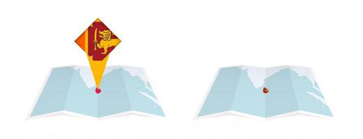 Two versions of an Sri Lanka folded map, one with a pinned country flag and one with a flag in the map contour. Template for both print and online design. vector