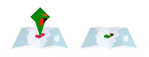 Two versions of an Zambia folded map, one with a pinned country flag and one with a flag in the map contour. Template for both print and online design. vector