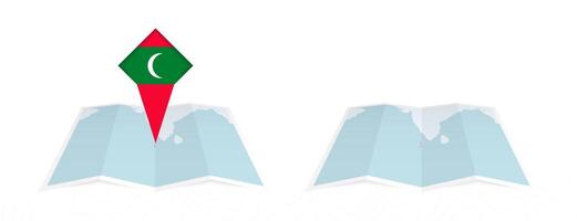 Two versions of an Maldives folded map, one with a pinned country flag and one with a flag in the map contour. Template for both print and online design. vector