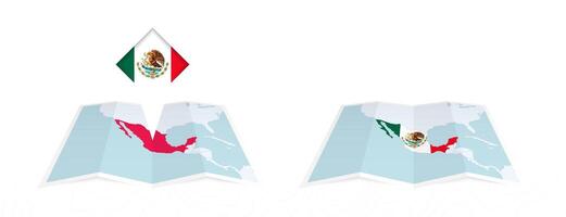 Two versions of an Mexico folded map, one with a pinned country flag and one with a flag in the map contour. Template for both print and online design. vector