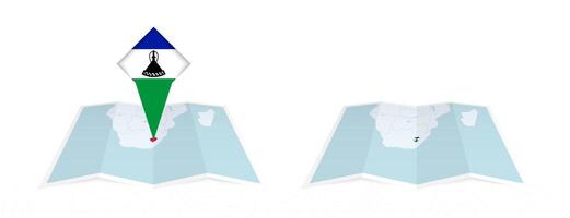 Two versions of an Lesotho folded map, one with a pinned country flag and one with a flag in the map contour. Template for both print and online design. vector