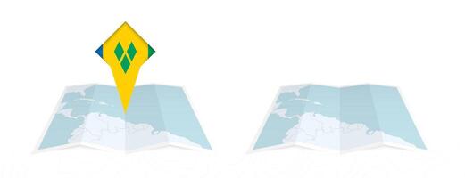 Two versions of an Saint Vincent and the Grenadines folded map, one with a pinned country flag and one with a flag in the map contour. Template for both print and online design. vector