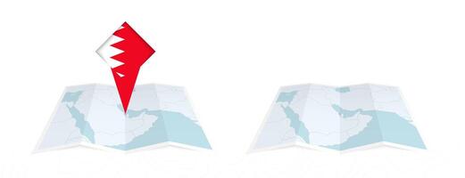 Two versions of an Bahrain folded map, one with a pinned country flag and one with a flag in the map contour. Template for both print and online design. vector