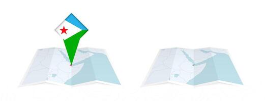 Two versions of an Djibouti folded map, one with a pinned country flag and one with a flag in the map contour. Template for both print and online design. vector