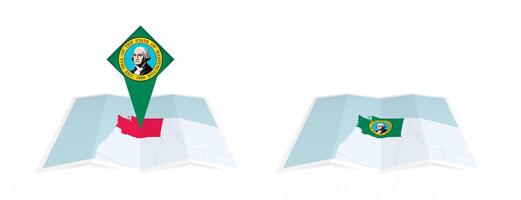 Two versions of an Washington folded map, one with a pinned country flag and one with a flag in the map contour. Template for both print and online design. vector
