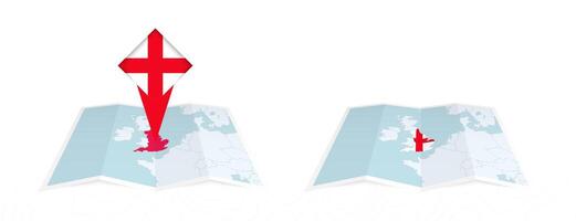 Two versions of an England folded map, one with a pinned country flag and one with a flag in the map contour. Template for both print and online design. vector