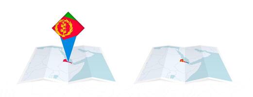 Two versions of an Eritrea folded map, one with a pinned country flag and one with a flag in the map contour. Template for both print and online design. vector