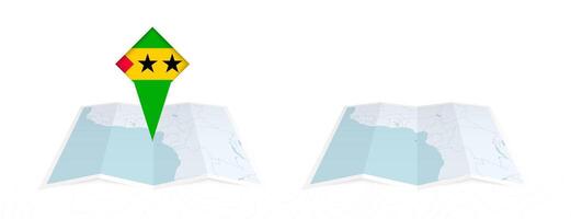 Two versions of an Sao Tome and Principe folded map, one with a pinned country flag and one with a flag in the map contour. Template for both print and online design. vector