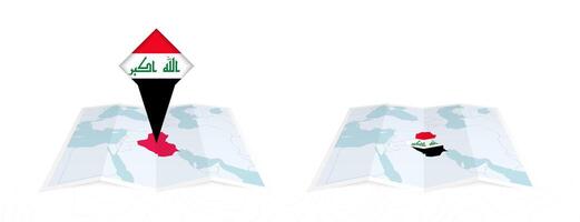 Two versions of an Iraq folded map, one with a pinned country flag and one with a flag in the map contour. Template for both print and online design. vector