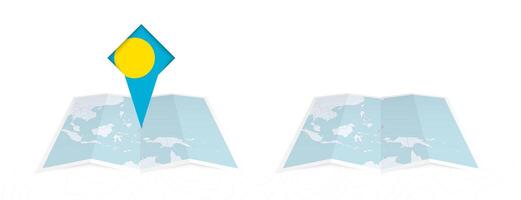 Two versions of an Palau folded map, one with a pinned country flag and one with a flag in the map contour. Template for both print and online design. vector