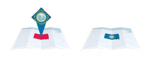 Two versions of an South Dakota folded map, one with a pinned country flag and one with a flag in the map contour. Template for both print and online design. vector