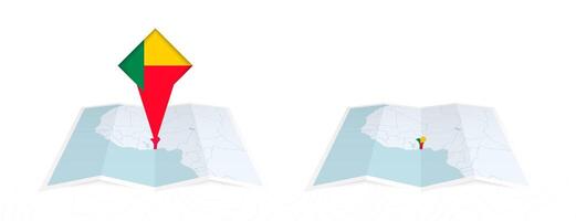 Two versions of an Benin folded map, one with a pinned country flag and one with a flag in the map contour. Template for both print and online design. vector
