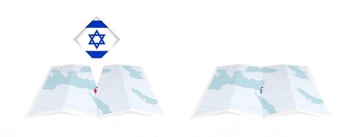 Two versions of an Israel folded map, one with a pinned country flag and one with a flag in the map contour. Template for both print and online design. vector