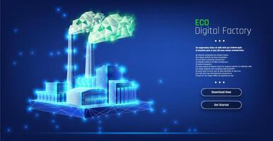 Digital factory showcasing eco-friendly technology and innovation in a virtual environment for sustainable development. vector