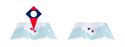 Two versions of an Laos folded map, one with a pinned country flag and one with a flag in the map contour. Template for both print and online design. vector